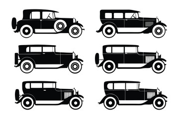 Vintage Car Silhouettes: A collection of classic vintage car silhouettes, each exuding the elegance and nostalgia of a bygone era, ideal for transport and design projects.
