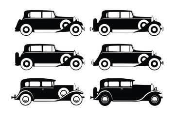 Fototapeta premium Elegant Vintage Car Silhouettes: A set of meticulously designed, black and white vector silhouettes showcasing classic vintage cars with an enduring elegance.