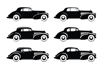 Classic Car Silhouettes: A sleek series of six vintage car silhouettes, capturing the elegance of a bygone era, stand as a timeless symbol of automotive design and history.