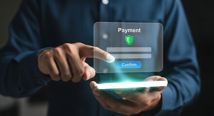 Digital payment transaction person making online purchase with blue confirm button modern technology secure online