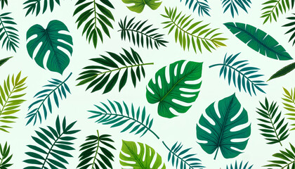 Tropical green leaves arranged on a light background in a pattern  