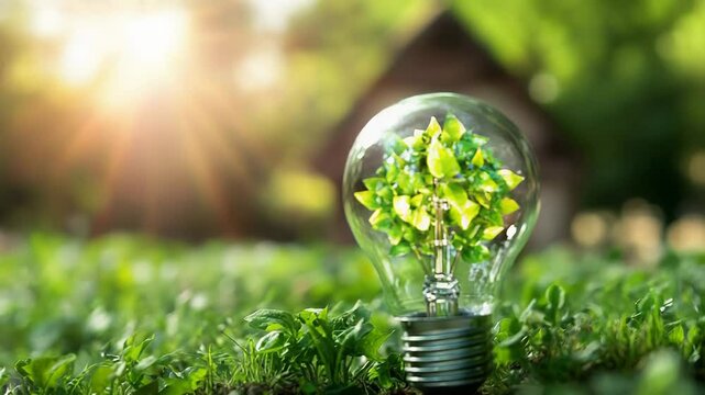 Light bulb with tree growing inside promoting green energy and sustainability