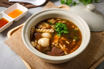 fish maw soup in a white bowl on grey background	
