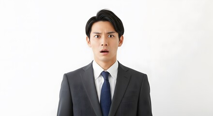A surprised businessman in a suit stares directly at the viewer, showing shock and disbelief.