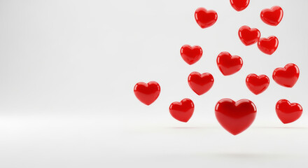 Red hearts floating on a white background, isolated on white background