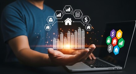 Digital Handscape Glowing graphs rise from palm in a modern analysis scene with colorful icons and cool tones on a sleek