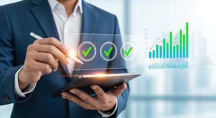 Elegant man crisp blue suit digital pen dances across tablet green check marks glow Charts ascend illuminated by success