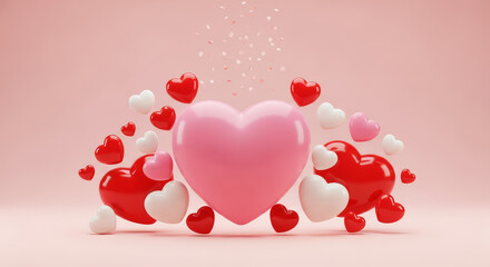 A collection of red, pink, and white hearts on pink background