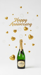 Champagne bottle celebrates a happy anniversary with golden hearts