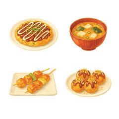 Watercolor Japanese Food Set Vol. 1—Okonomiyaki, Miso Soup, Yakitori, Takoyaki. Watercolor Illustration. Design Element. Clip art. Suitable for artwork design.
