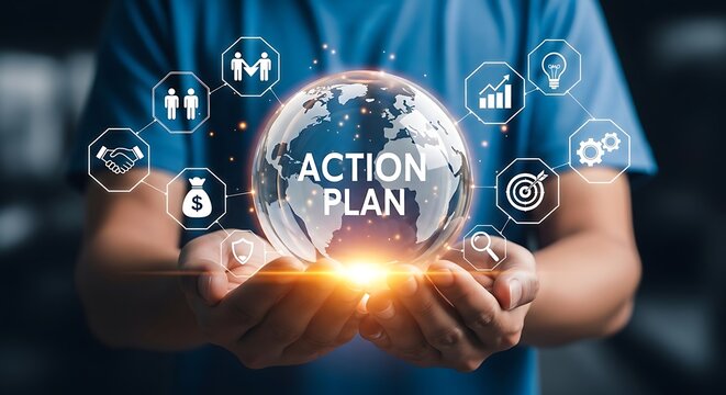 Hands hold a glowing orb with the world map displaying a white Action Plan surrounded by business icons and a powerful