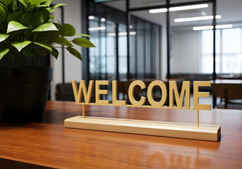 elegant welcome display with plant decoration in contemporary business lobby
