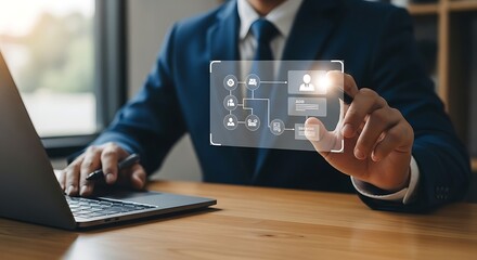 Modern businessman interacts with a digital interface navigating data streams with precision on a glowing screen blue