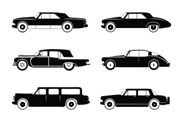 Classic Car Silhouettes: A collection of six classic car silhouettes, showcasing various body styles from sedans to limousines, presented in a simple, elegant black and white design.