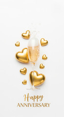 Golden hearts and champagne celebrate a happy anniversary isolated on white background