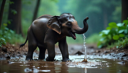 Baby elephant playing in mud, joyfully spraying water, jungle background