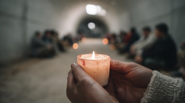 Close-up of hands holding a candle in a dimly lit tunnel with people sitting in the background