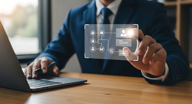 Modern businessman interacts with a digital interface navigating data streams with precision on a glowing screen blue