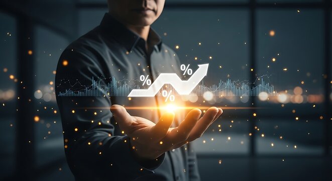 Man holding luminous percent graph bathed in warm light signaling positive growth against a dark blurred cityscape - Powered by Adobe
