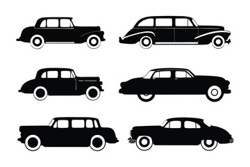 Naklejka premium Vintage Car Collection: A sophisticated collection of classic cars presented in a striking silhouette, celebrating timeless design and automotive history.