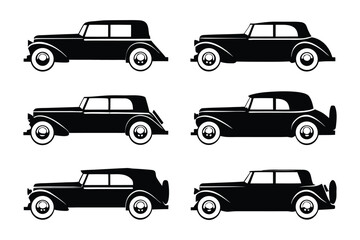 Classic Car Silhouettes: Six elegant silhouettes of vintage cars, showcasing various body styles from the golden age of automotive design, offer a timeless collection for design projects.