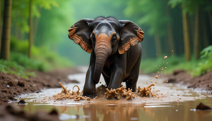 Baby elephant playing in mud, joyfully spraying water, jungle background