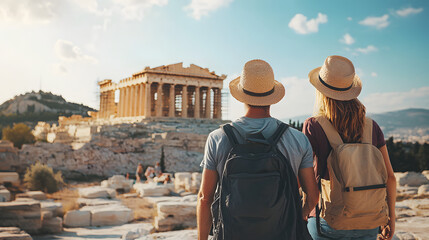 Senior couple looking at the Parthenon temple in Athens, Greece