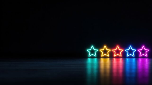 A row of four neon stars on a black background - Powered by Adobe