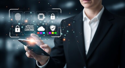 Sleek suited figure holds phone illuminating security icons fingerprint and cloud against a softly blurred dark digital
