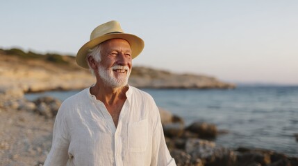 Joyful elderly man in straw hat enjoying a peaceful beachside stroll at sunset