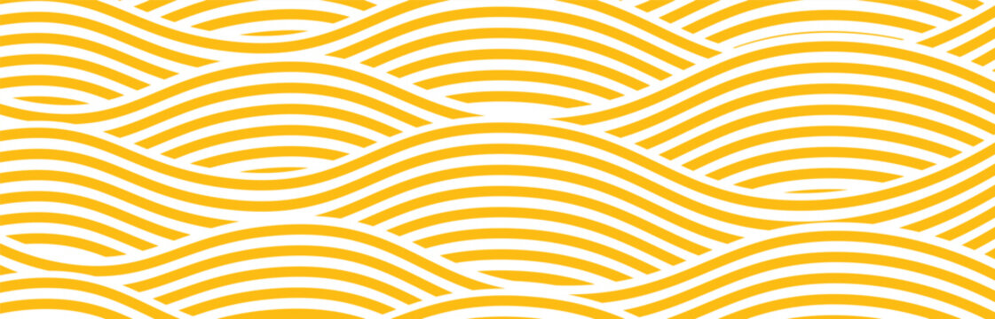 Yellow instant noodle, pasta and spaghetti texture with geometric wavy lines. Ramen, pasta vector pattern. Background abstract food illustration