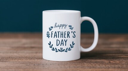 A white coffee mug with a blue border and the words Happy Father's Day