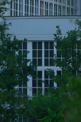 A large building full of many windows, with several beautifully arranged trees positioned right in...