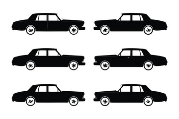 Classic Car Silhouettes: A collection of six classic car silhouettes, showcasing different angles and perspectives. Perfect for design projects needing a vintage automotive touch. 
