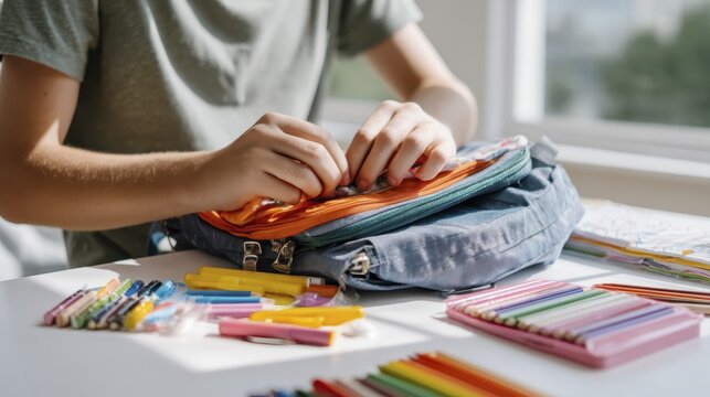 Student organizing backpack with colorful school supplies for a productive study session