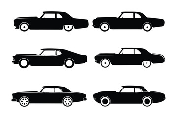 Silhouette of Classic Cars: Six vintage automobiles rendered in elegant black silhouette, offering a timeless portrayal of classic automotive design. Suitable for any project.