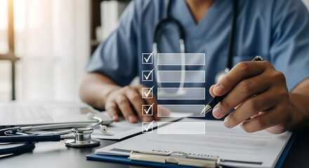 Glistening stethoscope resting near focused doctor completing checklist with pen on clipboard soft light casting shadows