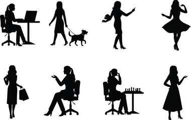 Silhouette illustrations of women in various poses and activities on a white background