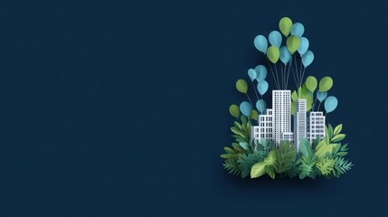 A blue background with a cityscape and balloons