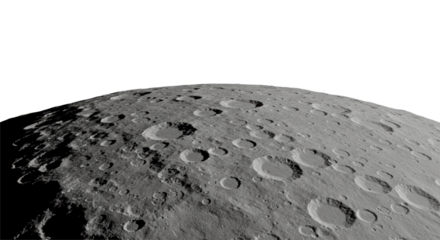 Detailed lunar surface, light grey regolith, rocky fragments, impact craters with sharp rims and textured floors, low-angle close-up against a transparent background with copy space, dramatic
