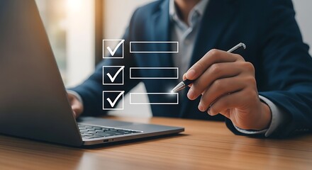 Precision pen hovers above laptop marking digital checklist with focused intensity crisp lines modern efficiency on warm