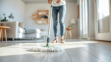 A woman washes the floor with a mop with a white nozzle. The emphasis on the cleaning tool makes the image relevant for advertising the service.