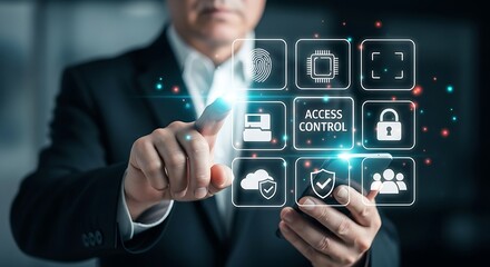 Sophisticated businessman in a dark suit interacts with a glowing access control interface a digital landscape of icons
