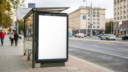 Empty billboard on a city street with a white background. Space for an advertising layout or text message. Great for commercial visualizations and marketing.