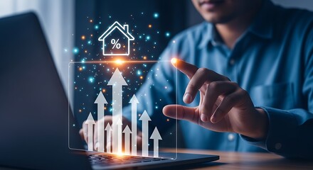 Rising Home Values A Man Taps Bright Glowing Arrows Illustrating Percent Growth on a Laptop in a Sleek Modern Office
