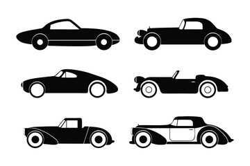Classic Car Icons: A collection of six classic car silhouettes, showcasing diverse body styles from sleek coupes to elegant convertibles. Each car is rendered in a simple.