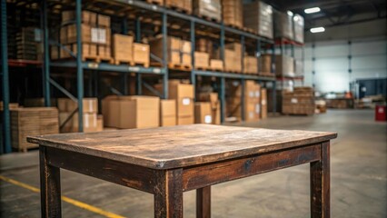 Fototapeta premium Empty wooden table against the background of a blurred warehouse with boxes. Warm wood texture contrasts with the industrial interior. Suitable for background product placement.
