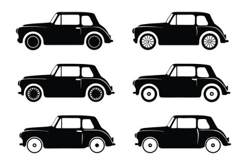 Vintage Car Silhouette Collection: A series of classic vintage cars are presented as elegant, detailed silhouettes, offering a timeless aesthetic suitable for design and transportation themes.