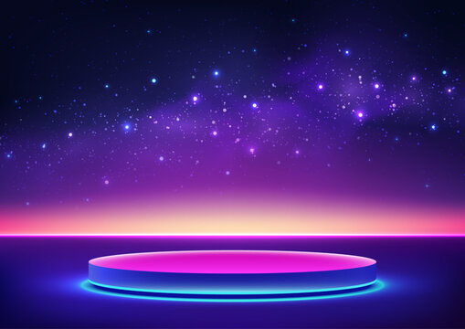 futuristic technology abstract background with neon pink and blue glowing podium under starry night sky vibrant cosmic landscape sci fi product display template for mockup and showroom scene