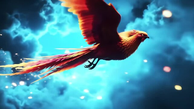 Fantasy scene of a glowing phoenix flying through a magical sky, neon clouds, sparks trailing behind, surreal lighting